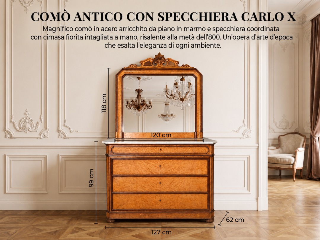 Comò Antico con Specchiera Carlo X - immagine 2